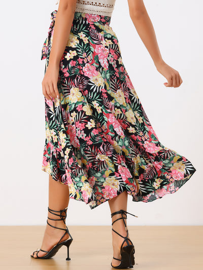 Women's Tropical Floral Print Ruffle Self Tie Knot Split Beach Wrap Midi Skirt