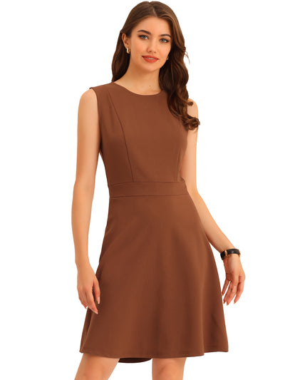 Work Round Neck Solid Color Sleeveless Fit and Flare Dress