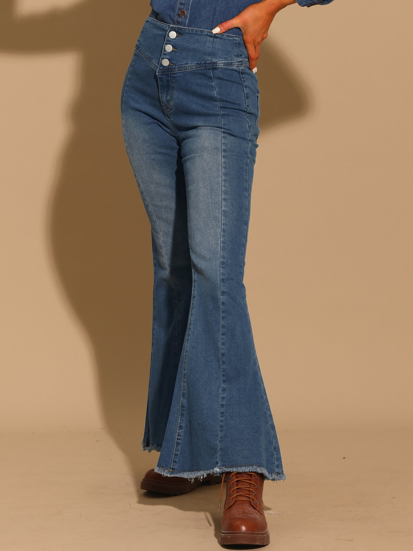 Allegra K Women's Bell Bottom Jeans High Rised Classic Flared Denim Pants