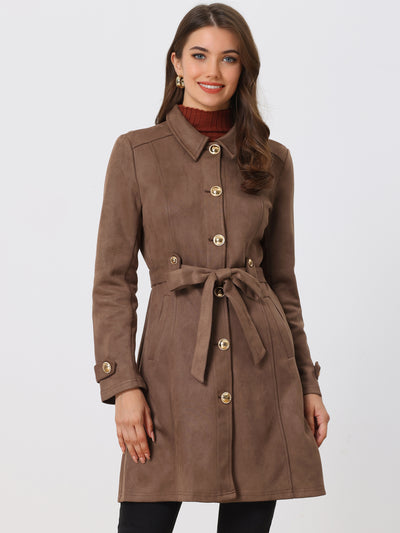 Allegra K Vintage Faux Suede Mid-Thigh Belted Single Breasted Trench Coat