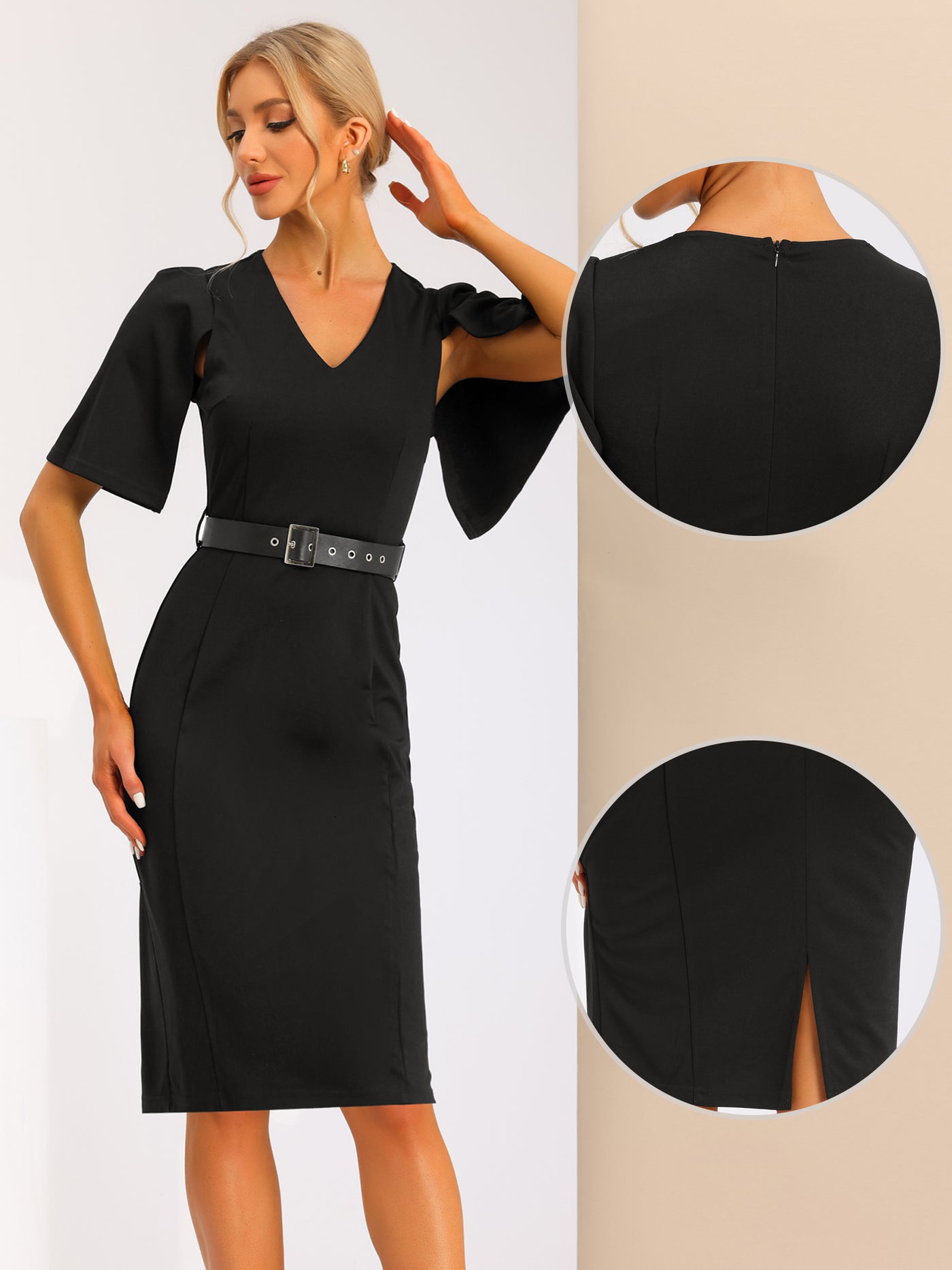 Allegra K Split Short Sleeve V Neck Elegant Midi Belt Solid Dress