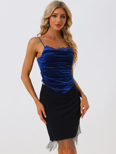 Spaghetti Strap Lace Trim Ruched Disco Party Velvet Cami Top