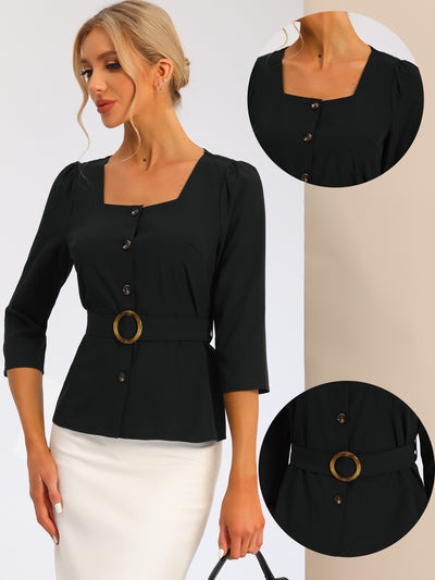 Elegant Square Neck 3/4 Sleeve Belted Button Front Work Blouse