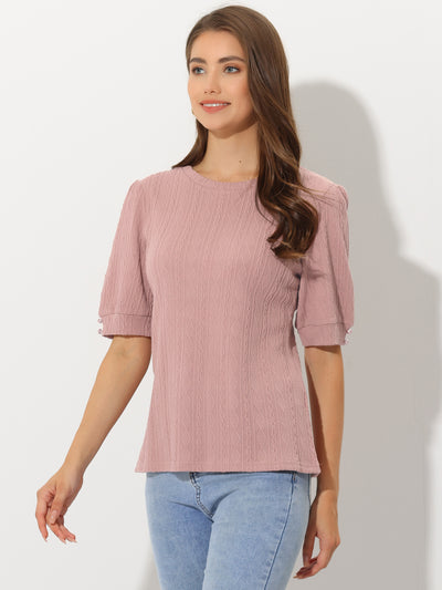 Allegra K Casual Knitted Top for Texture Round Neck Short Puff Sleeve T-Shirt