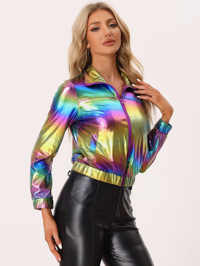 Holographic Long Sleeve Lightweight Zipper Metallic Jacket