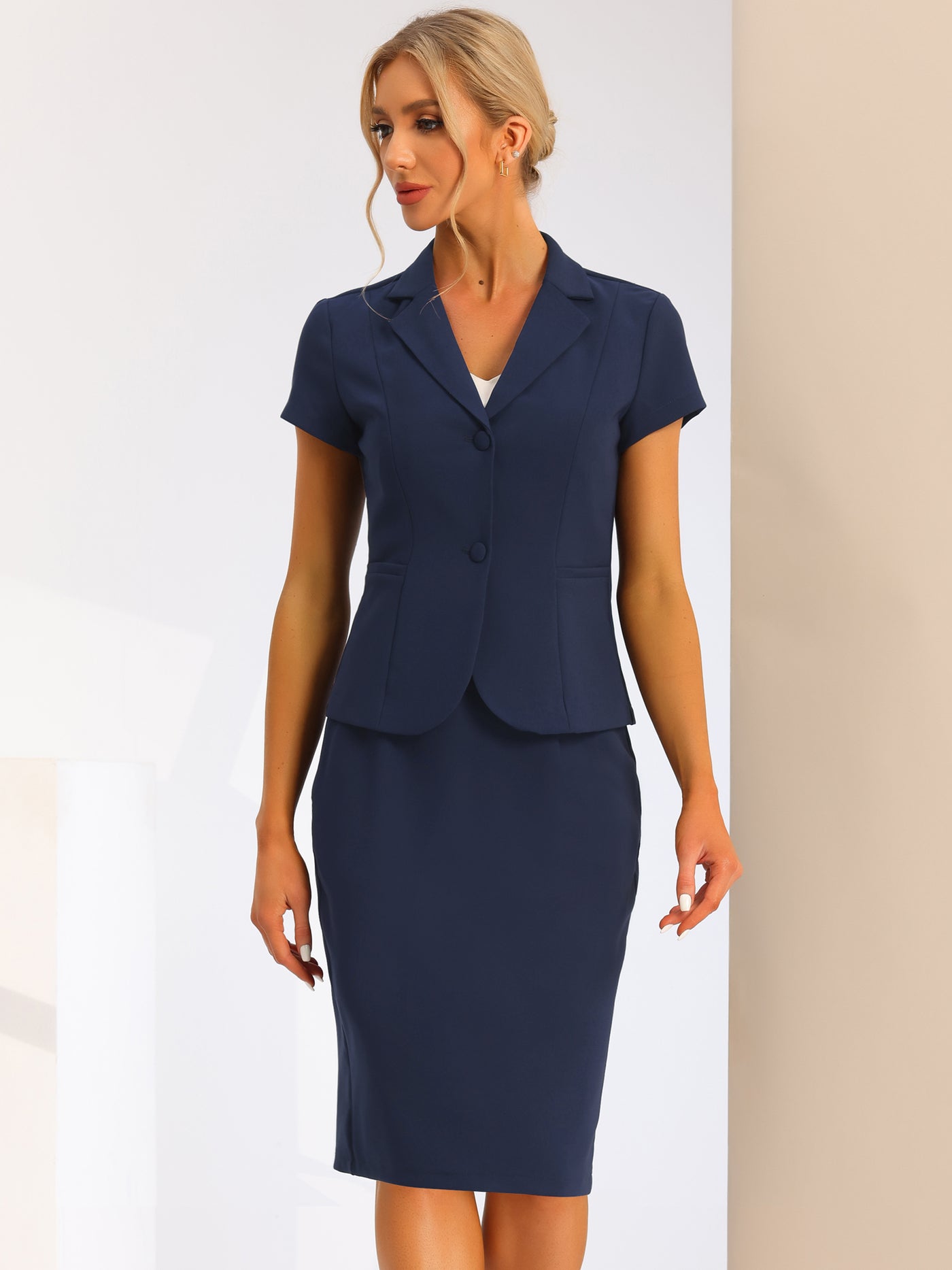 Allegra K Business 2 Piece Suit Set Short Sleeve Blazer Jacket Pencil Skirt