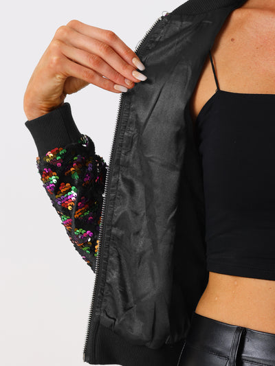 Sequin Long Sleeve Zipper Up Glitter Bomber Jacket