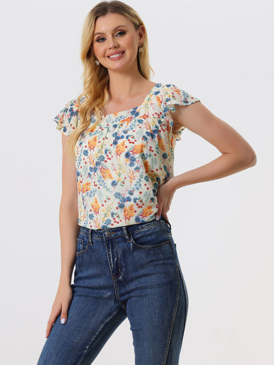 Chiffon Ruffle Sleeve Top Layered Vintage Ditsy Floral Blouse