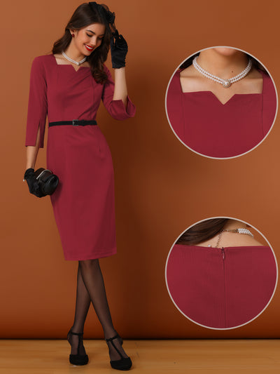 Elegant 3/4 Sleeve Split Cuff Business Office Bodycon Belt Dress