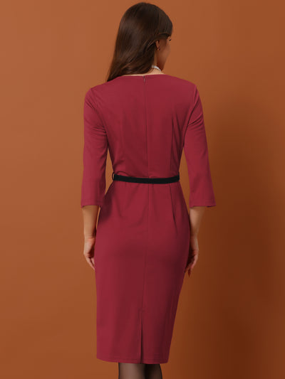 Elegant 3/4 Sleeve Split Cuff Business Office Bodycon Belt Dress