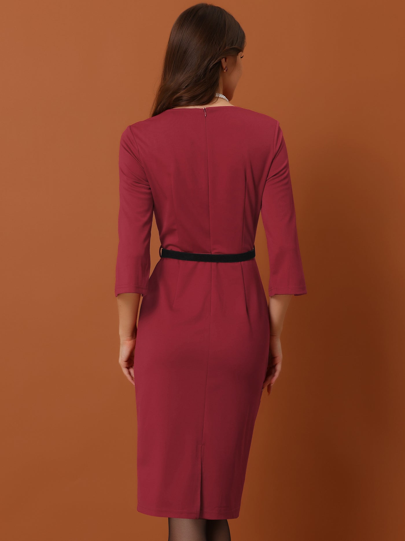 Allegra K Elegant 3/4 Sleeve Split Cuff Business Office Bodycon Belt Dress
