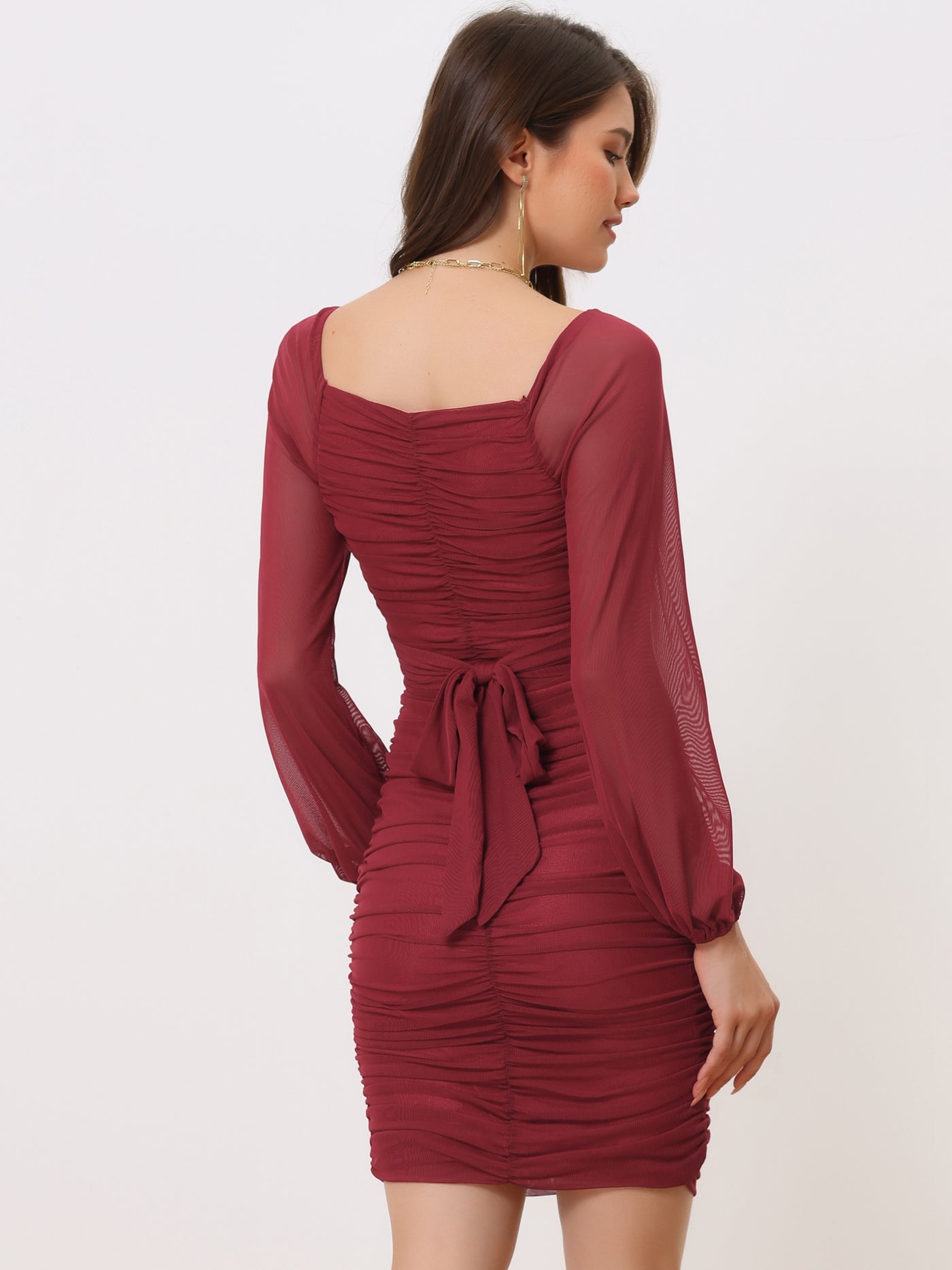 Allegra K V Neck Ruched Puff Long Sleeve Wrap Bodycon Cocktail Dress