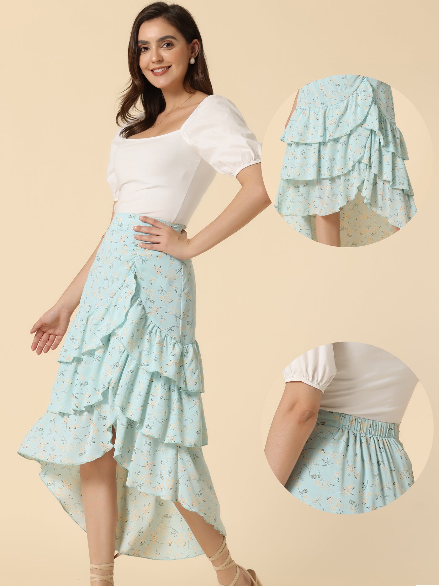 Allegra K Floral Maxi Elastic Waist Flowy High Low Hem Layered Ruffle Skirt