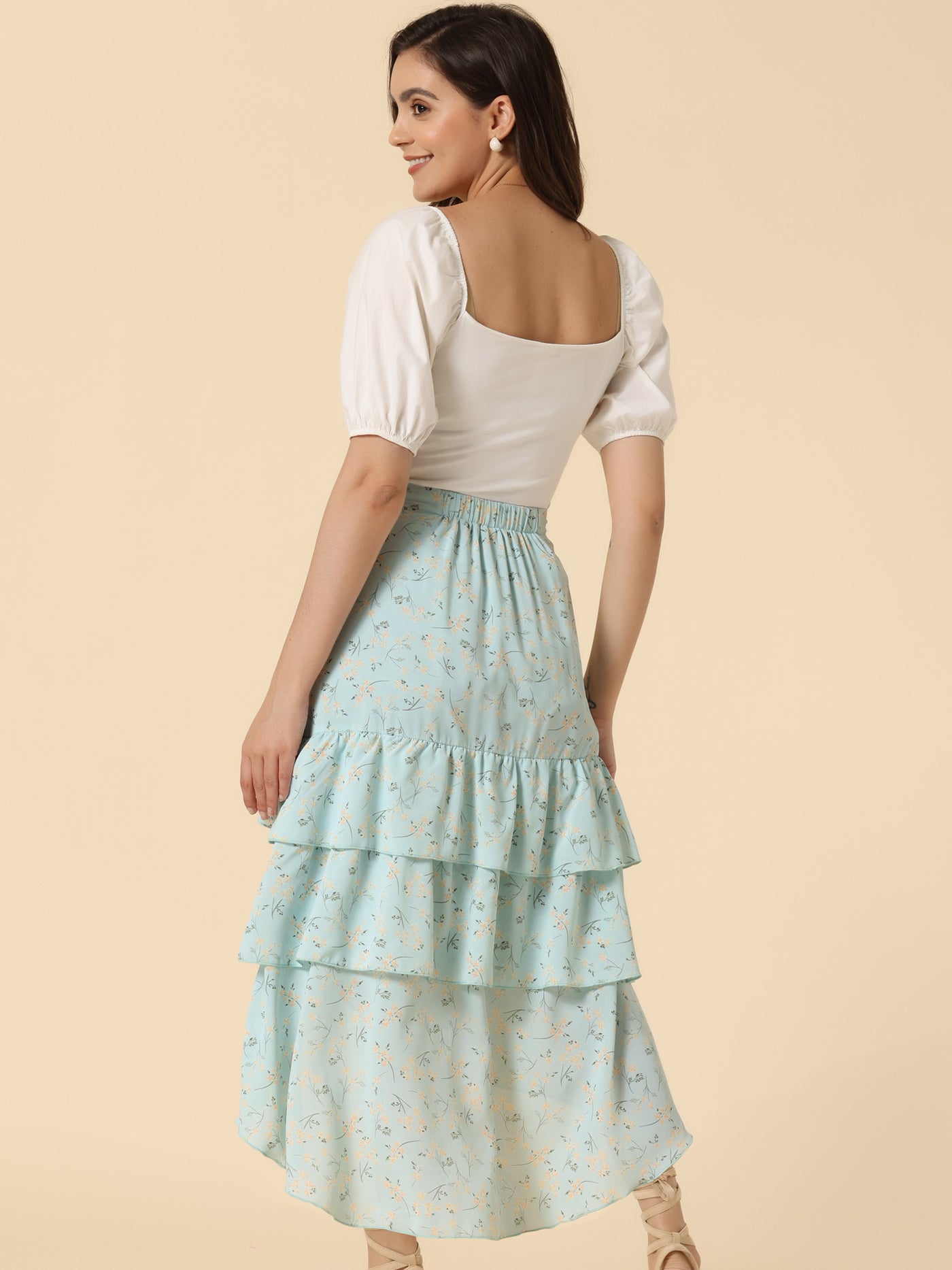 Allegra K Floral Maxi Elastic Waist Flowy High Low Hem Layered Ruffle Skirt