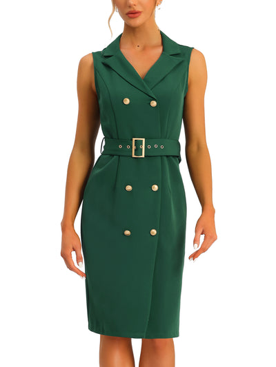 Sleeveless Notched Lapel Double Breasted Belted Office Blazer Dress