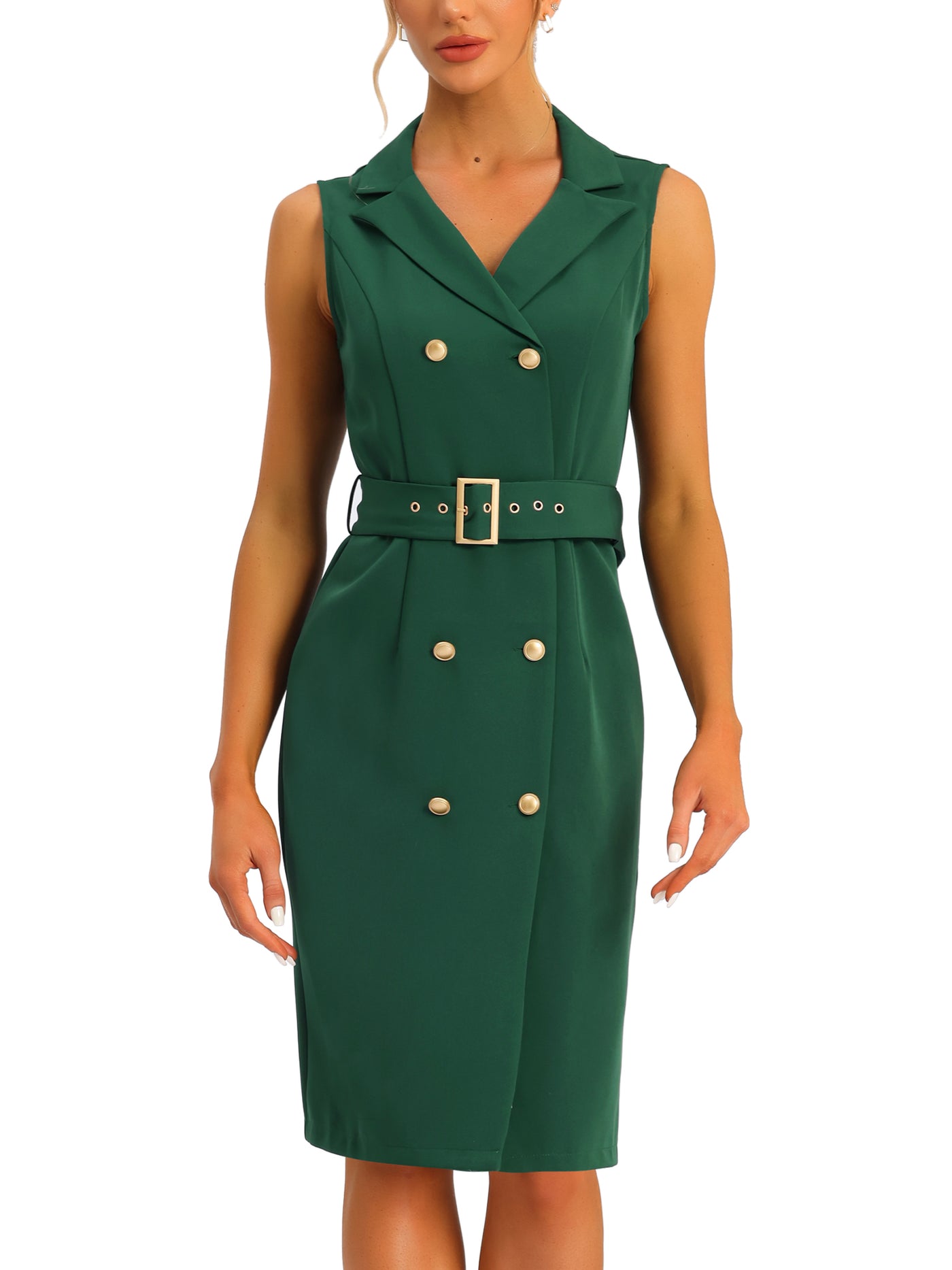 Allegra K Sleeveless Notched Lapel Double Breasted Belted Office Blazer Dress