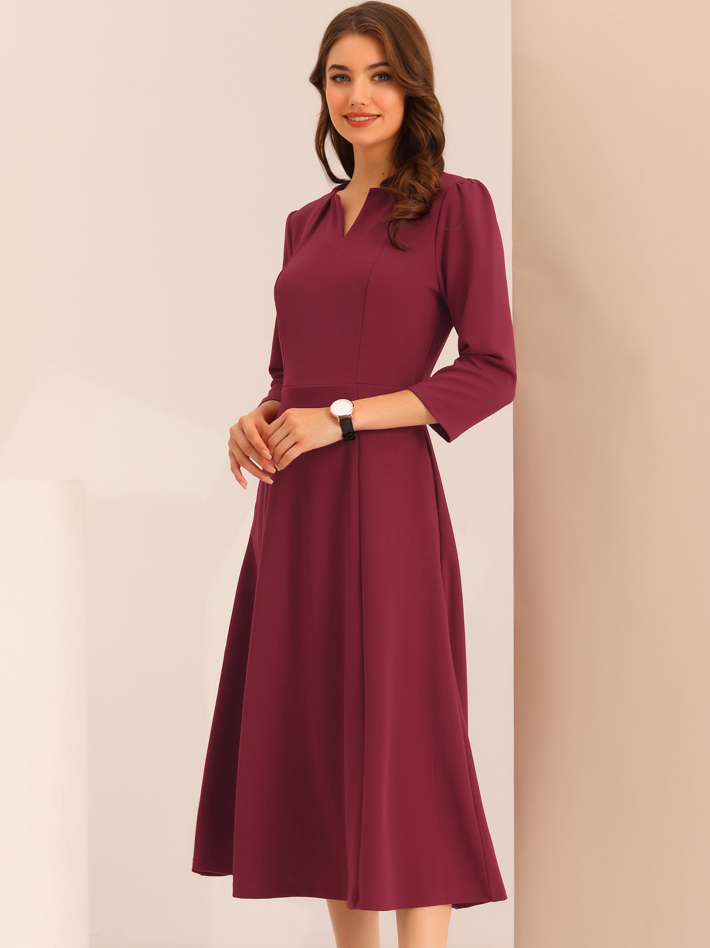 Allegra K Elegant V Neck Pockets 3/4 Sleeve Work Solid A-Line Dress