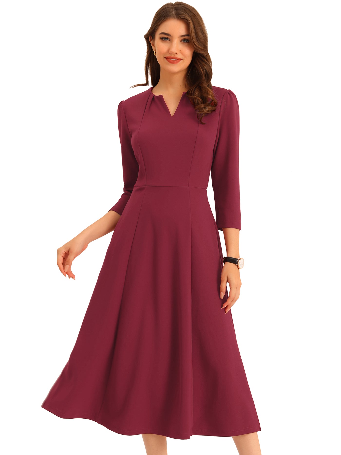 Allegra K Elegant V Neck Pockets 3/4 Sleeve Work Solid A-Line Dress