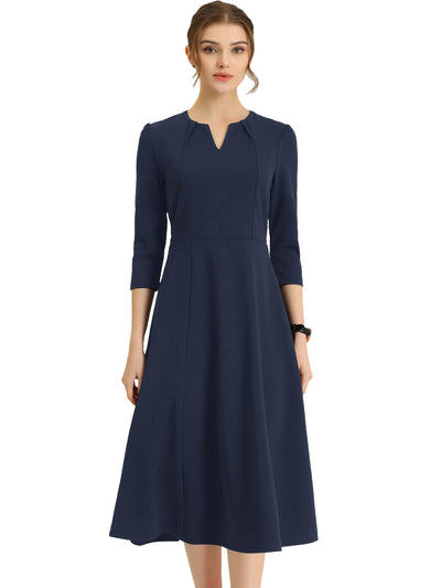 Elegant V Neck Pockets 3/4 Sleeve Work Solid A-Line Dress