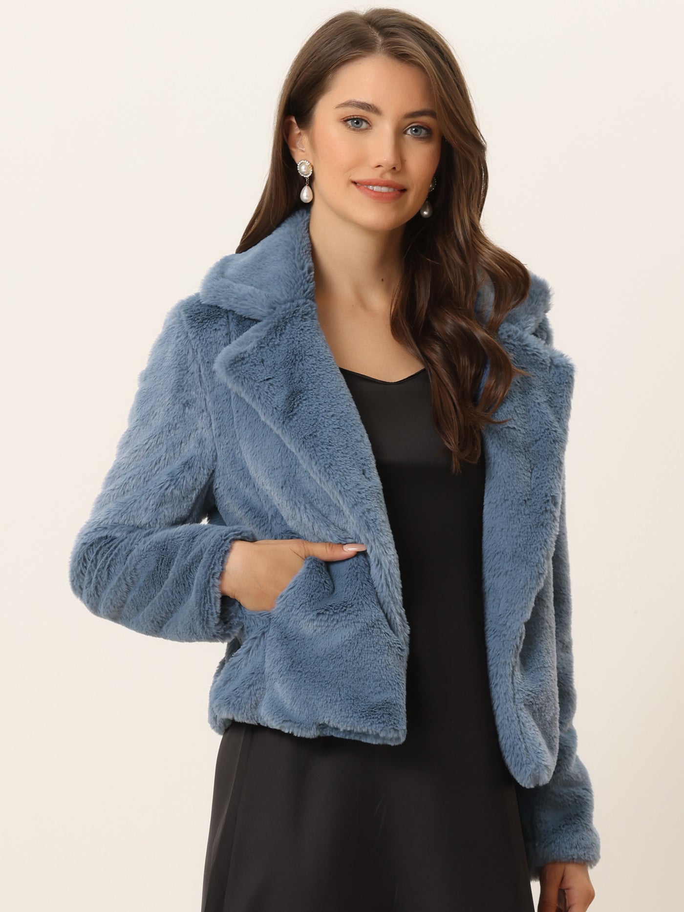Allegra K Autumn Winter Cropped Jacket Notch Lapel Faux Fur Fluffy Coat