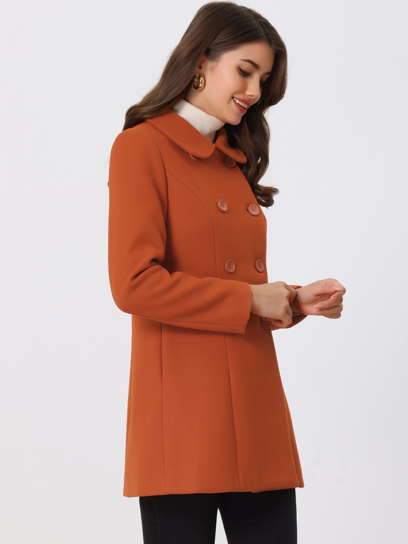 Allegra K Peter Pan Collar Double Breasted Long Trench Pea Coat