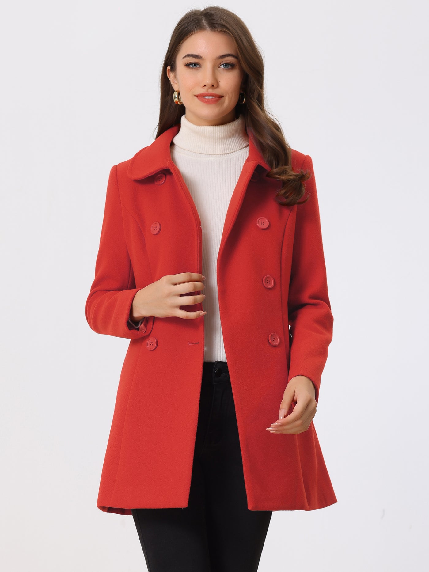 Allegra K Peter Pan Collar Double Breasted Long Trench Pea Coat