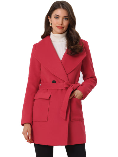 Shawl Collar Lapel Double Breasted Winter Belted Coat with Pockets
