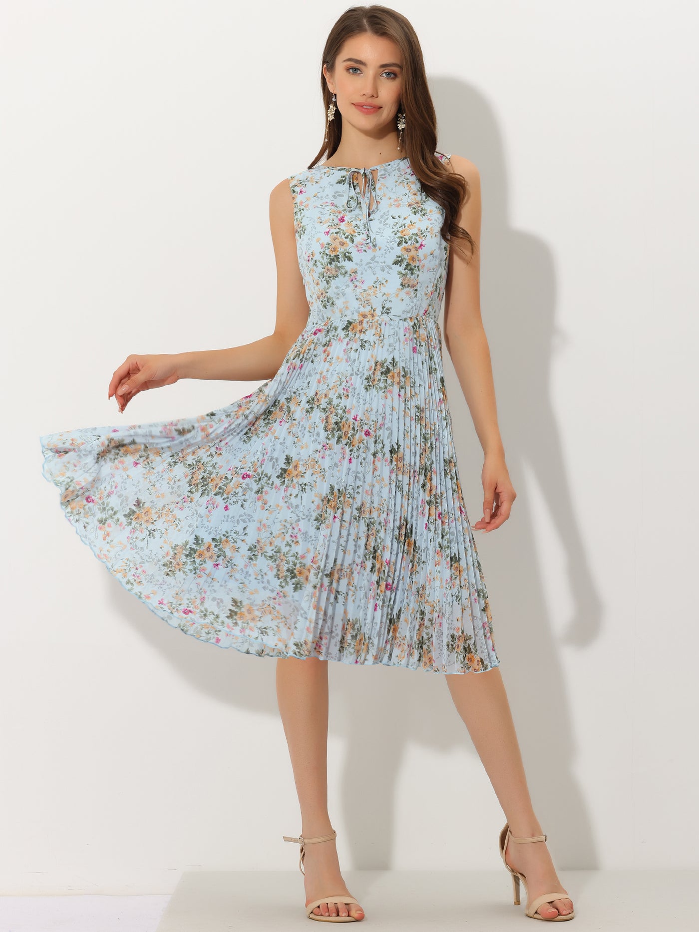 Allegra K Floral Print Summer A-Line Knee Length Sleeveless Pleated Dress