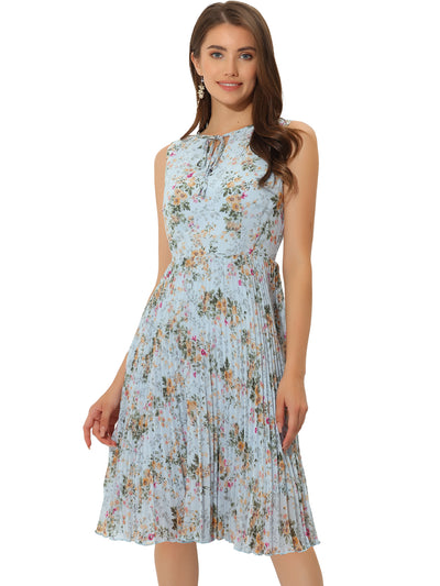 Floral Print Summer A-Line Knee Length Sleeveless Pleated Dress