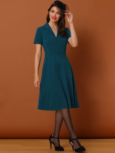 Vintage Flat Collar Solid Color Short Sleeve Fit and Flare Midi Dress