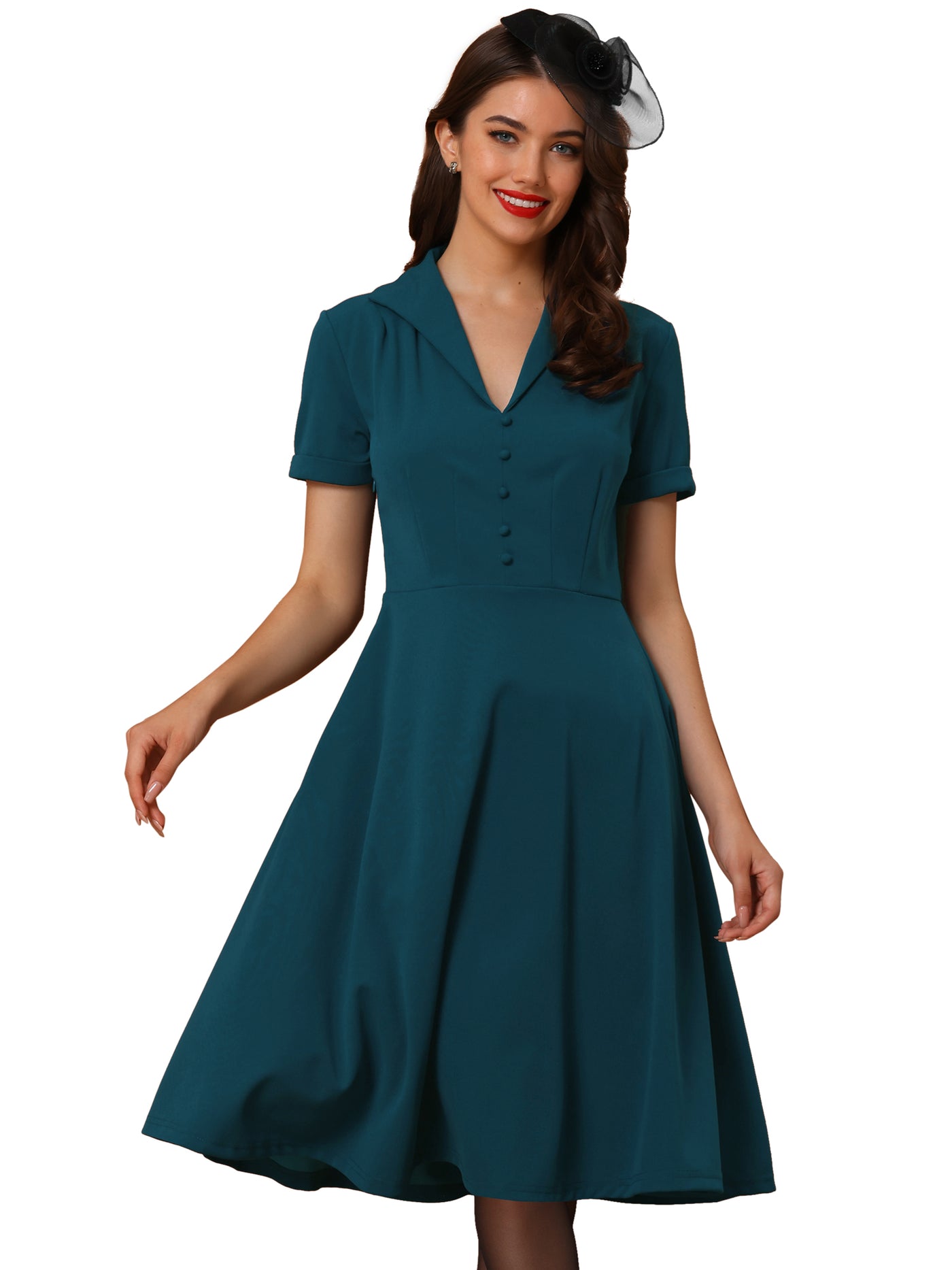 Allegra K Vintage Flat Collar Solid Color Short Sleeve Fit and Flare Midi Dress