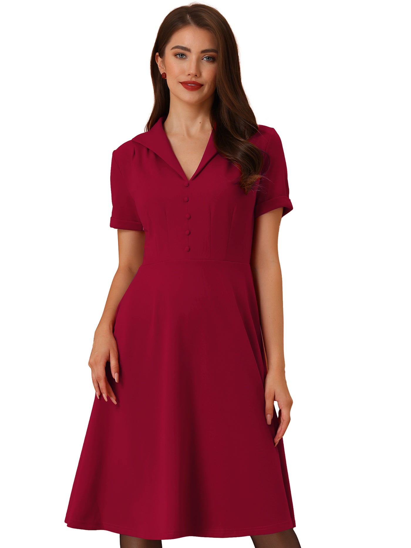 Allegra K Vintage Flat Collar Solid Color Short Sleeve Fit and Flare Midi Dress