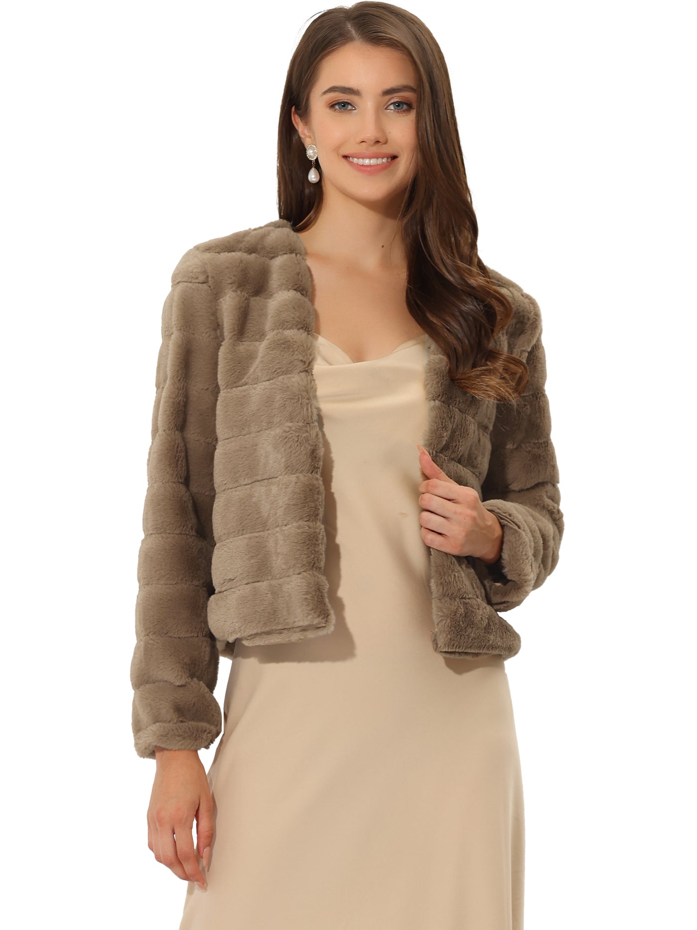 Allegra K Winter Warm Cropped Jacket Collarless Faux Fur Fluffy Coat