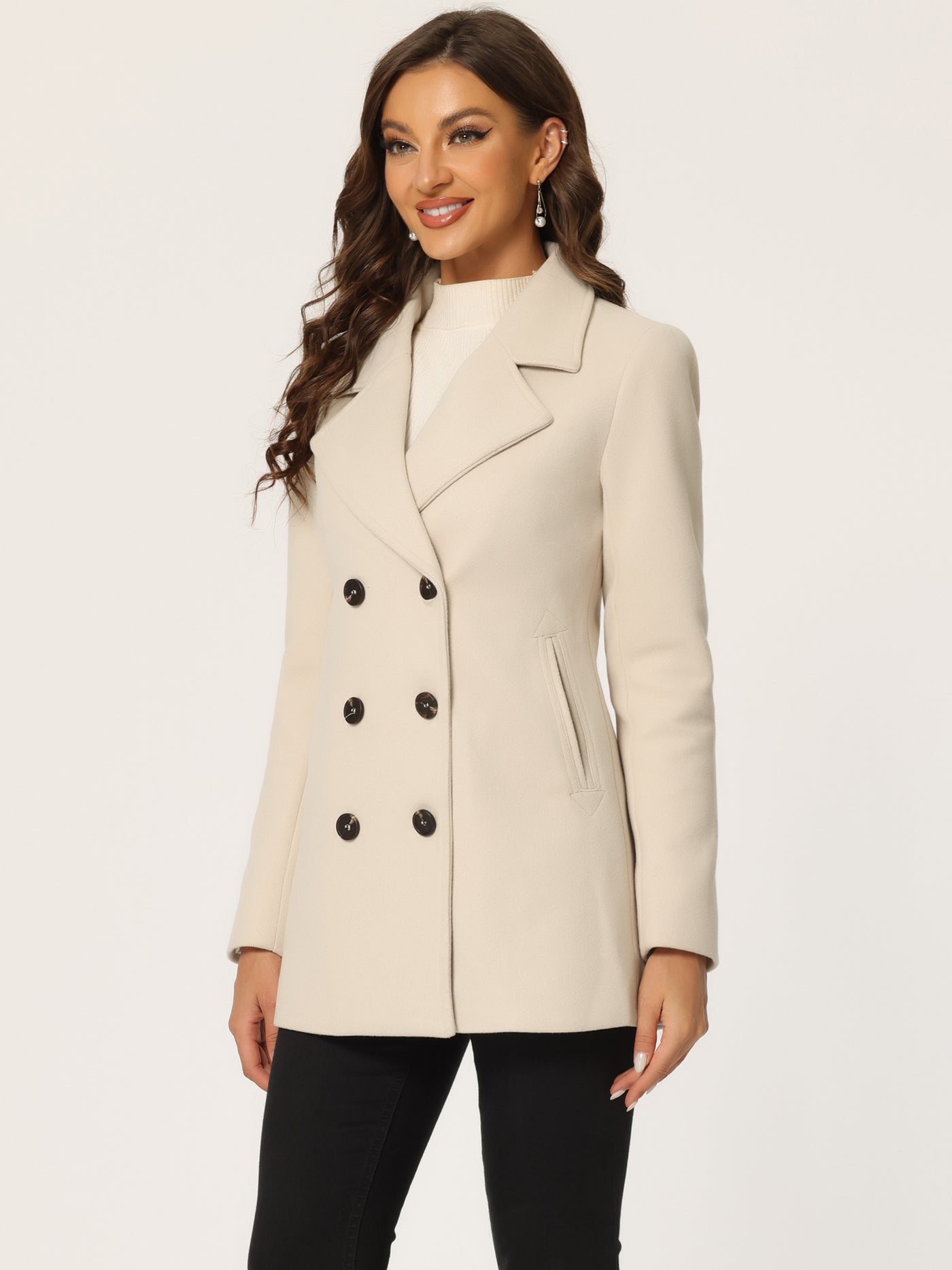 Allegra K Long Sleeve Double Breasted Button Winter Outerwear Pea Coat