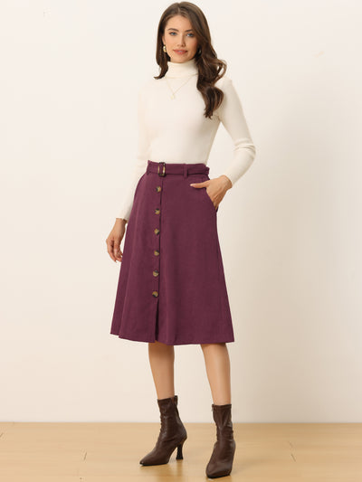 Allegra K High Waist Button Front A-Line Belted Corduroy Midi Skirt