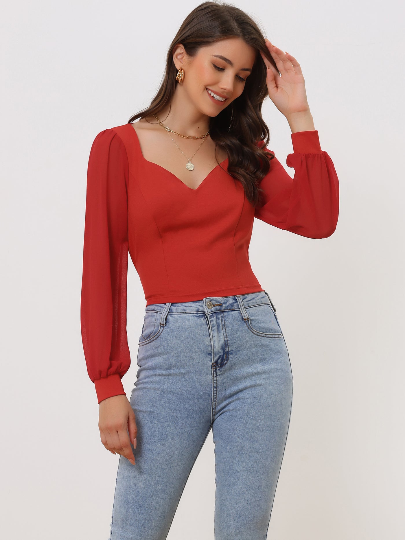 Allegra K Tie Back Long Sleeve Banded Cuff Sexy Sweetheart Neck Blouse