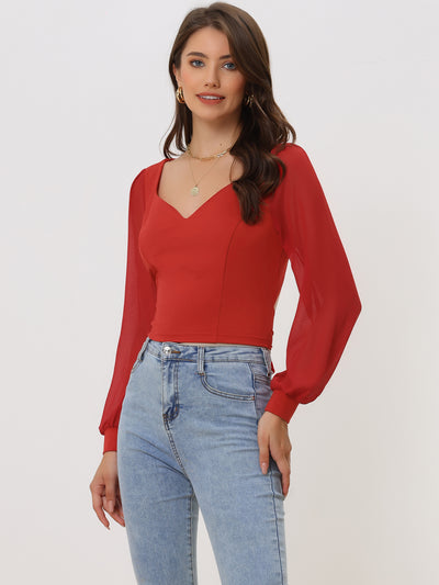 Tie Back Long Sleeve Banded Cuff Sexy Sweetheart Neck Blouse