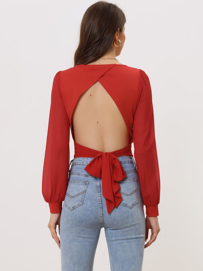 Tie Back Long Sleeve Banded Cuff Sexy Sweetheart Neck Blouse