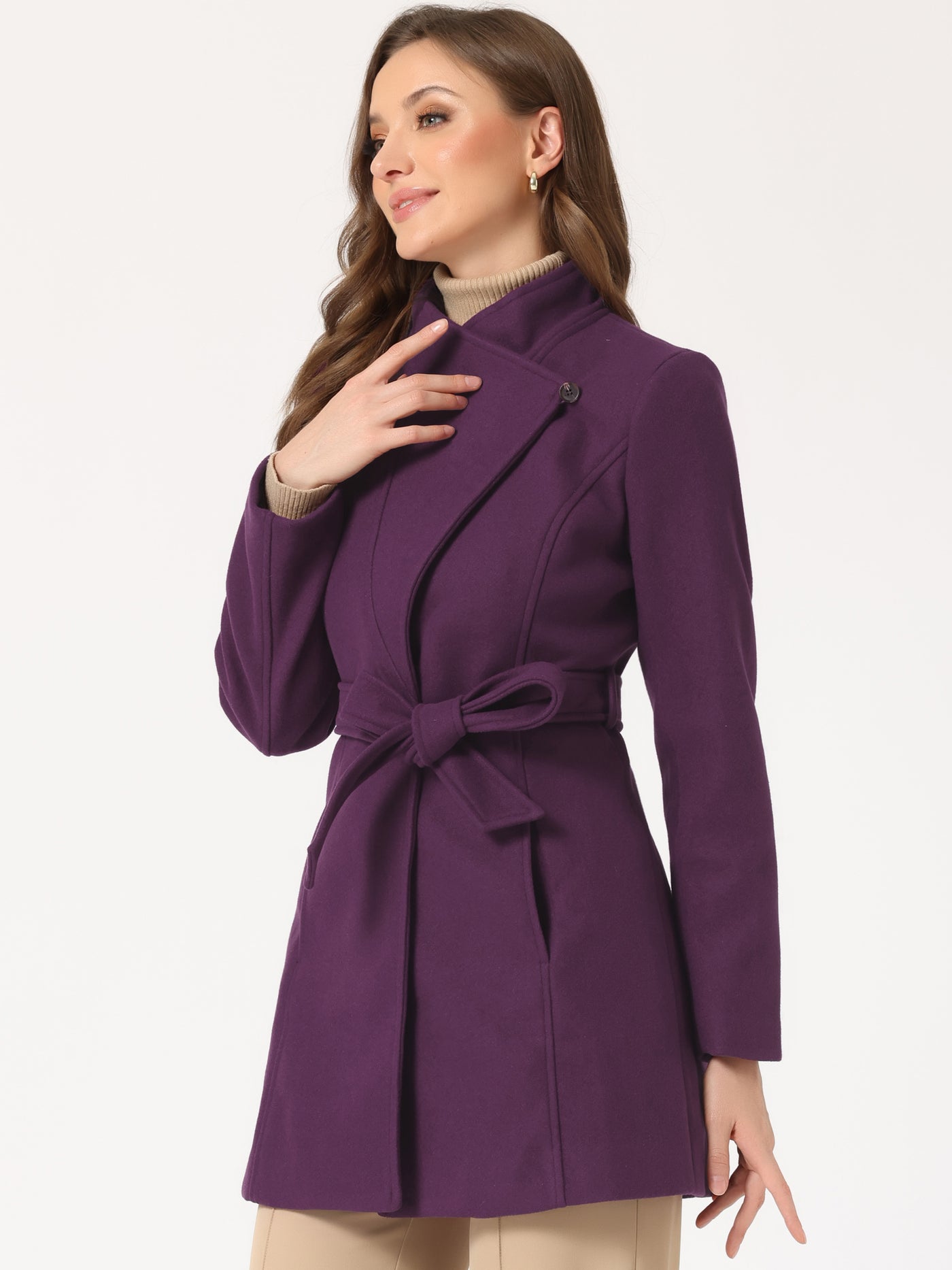 Allegra K Classic Stand Collar Long Sleeve Belted Winter Coat