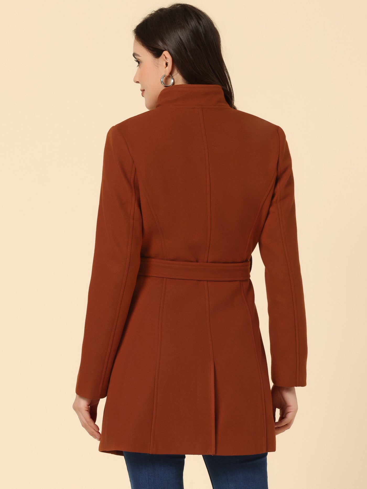 Allegra K Classic Stand Collar Long Sleeve Winter Belted Coat