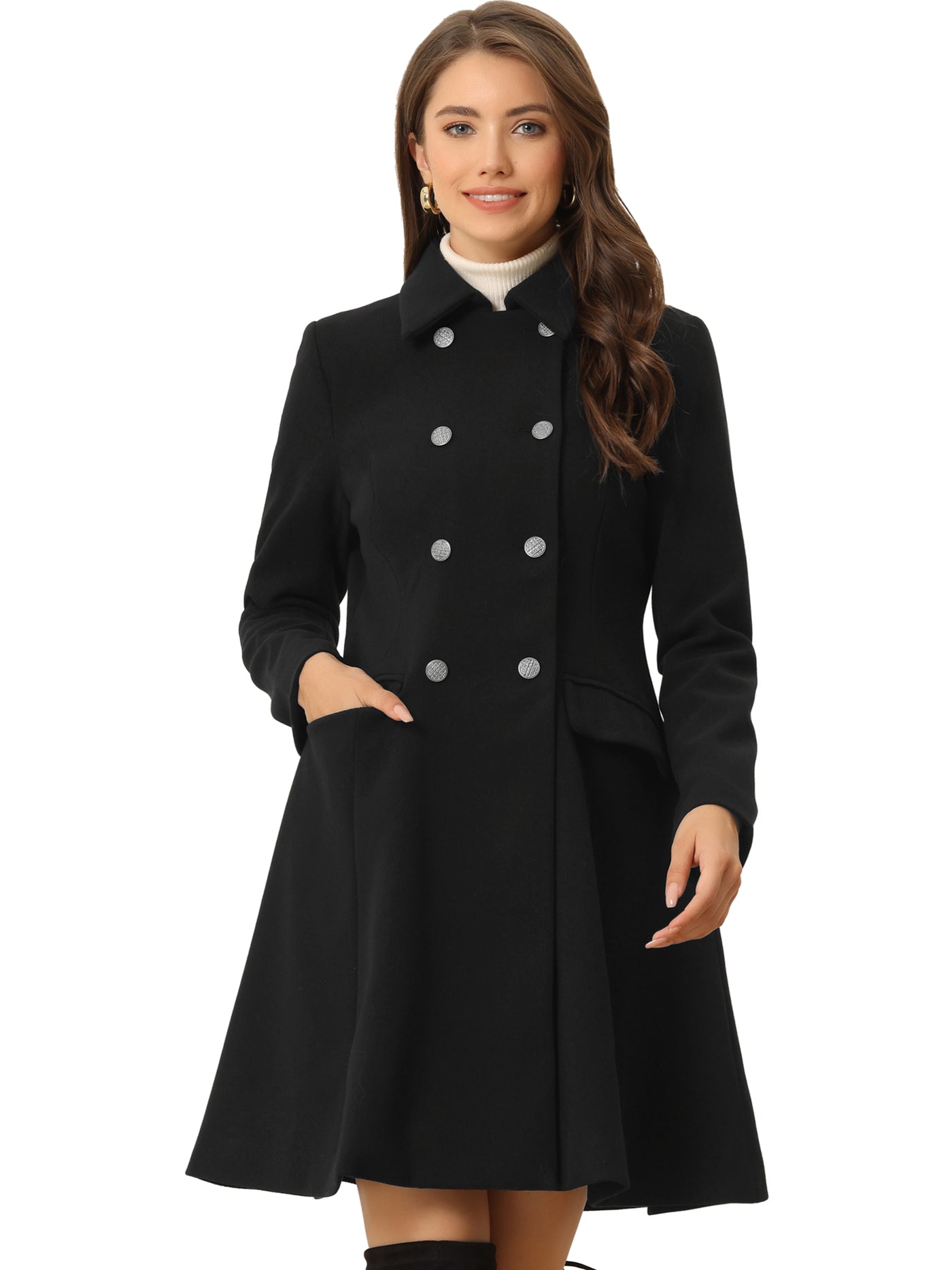 Allegra K Winter Double Breasted Vintage A-line Flare Long Coat