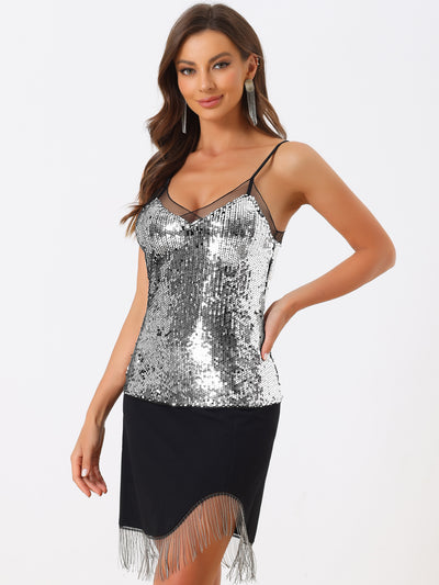 Sequin Sparkle Camisole Mesh Panel Sleeveless Party Club Cami Top
