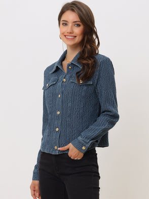 Button Up Long Sleeve Texture Washed Casual Denim Jacket