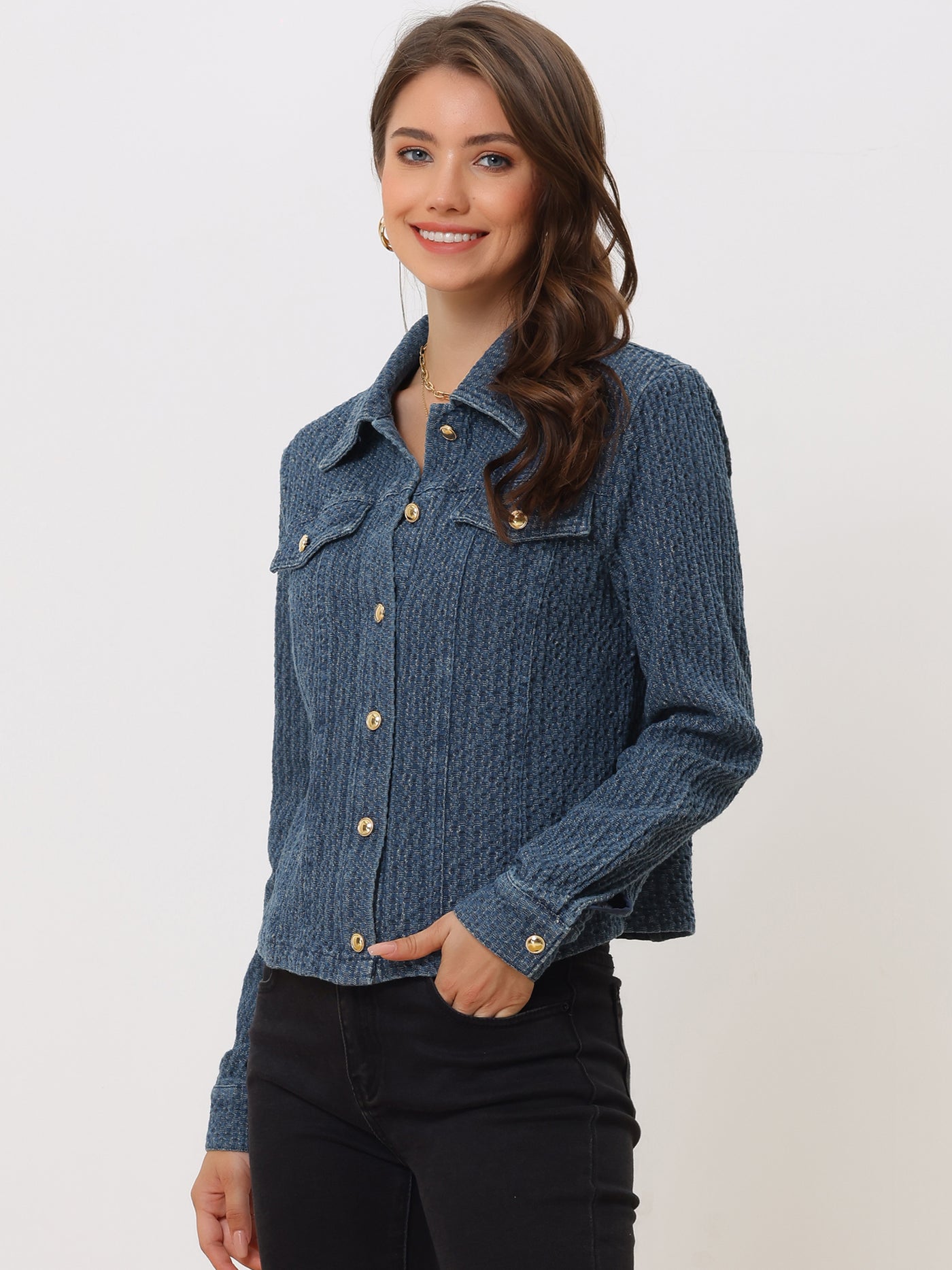 Allegra K Button Up Long Sleeve Texture Washed Casual Denim Jacket
