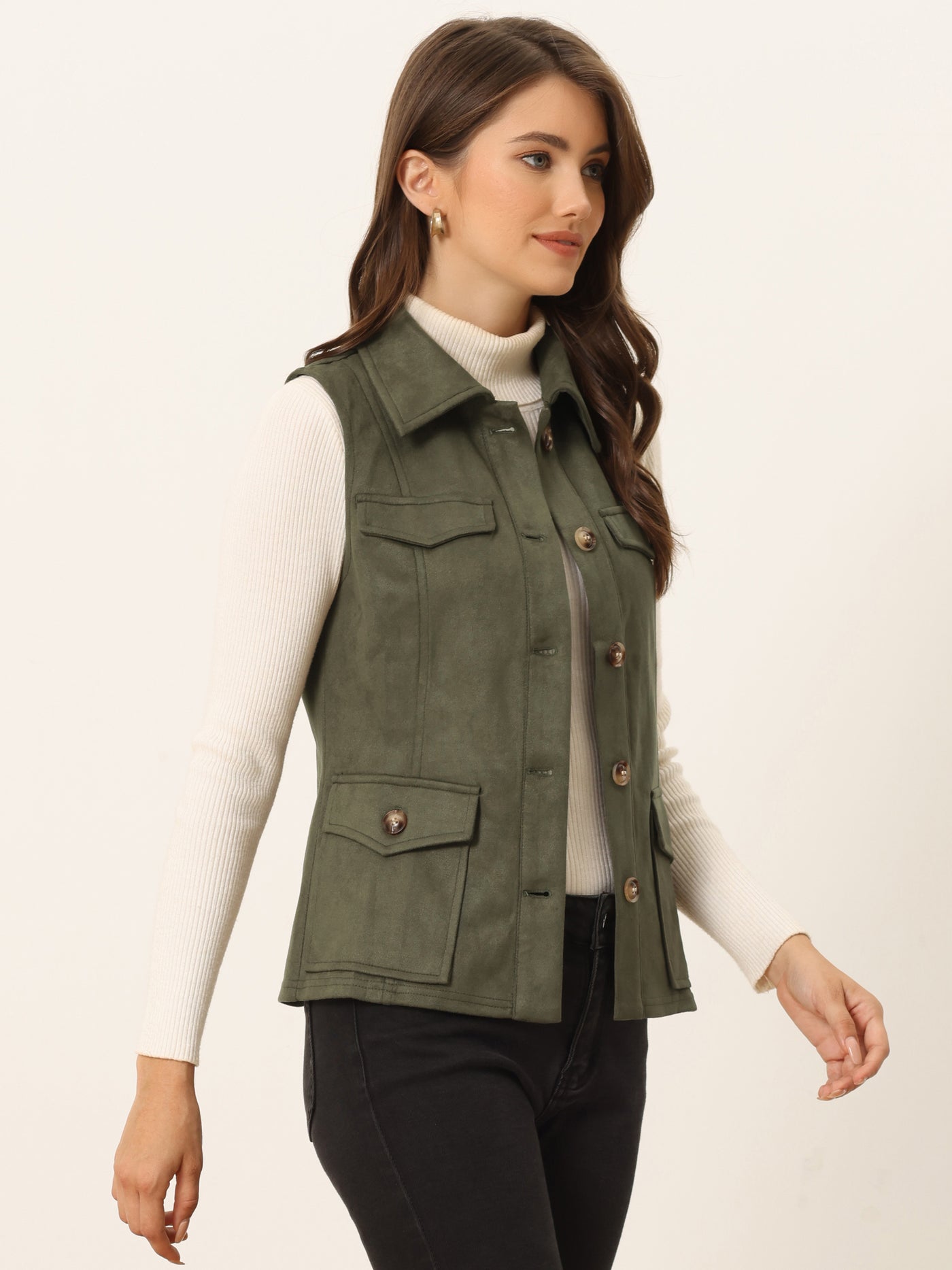 Allegra K Faux Suede Vest Utility Buttoned Sleeveless Jacket with Cargo Pocket