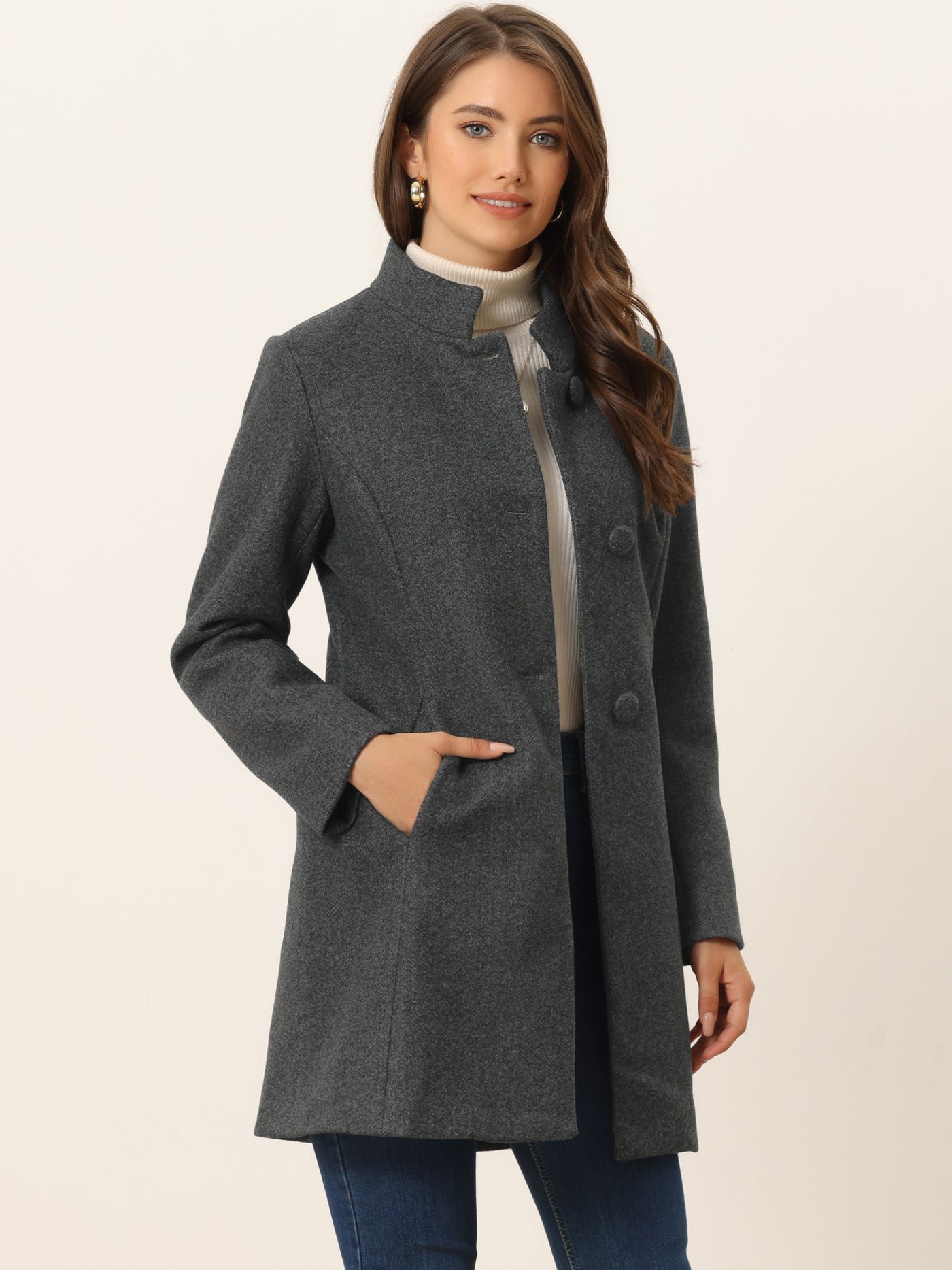 Allegra K Women's Mid-thigh Stand Collar Single Breasted Long Coat