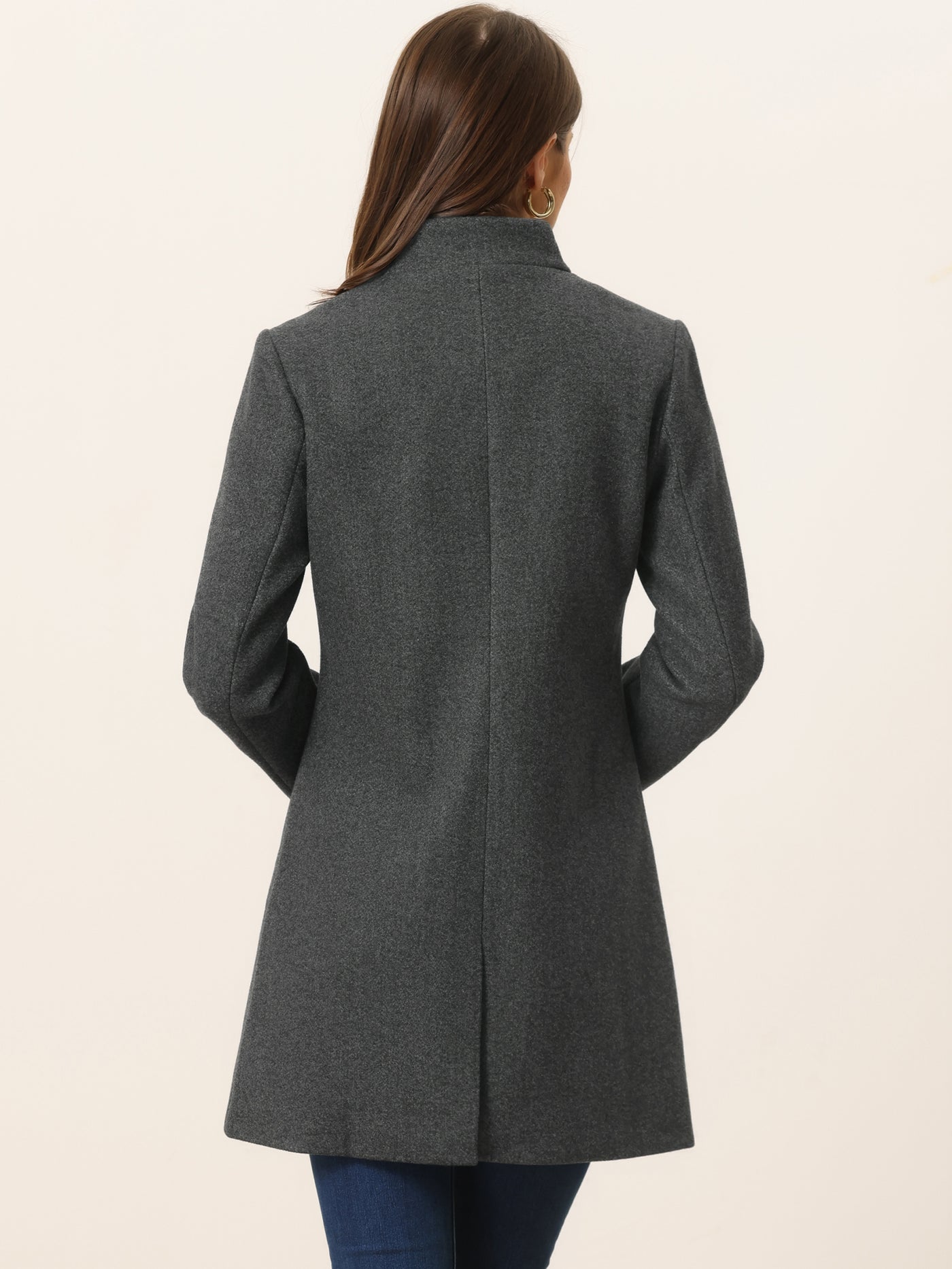 Allegra K Women's Mid-thigh Stand Collar Single Breasted Long Coat