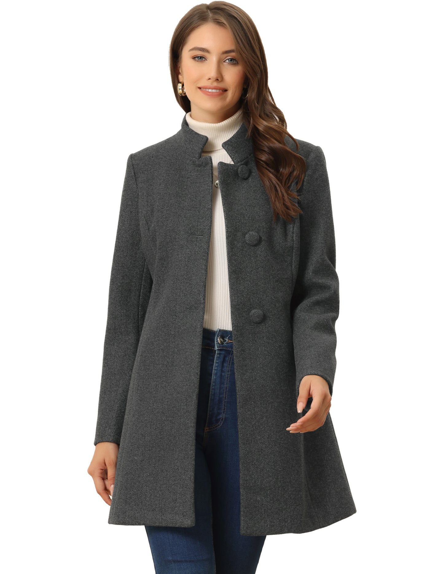 Allegra K Women's Mid-thigh Stand Collar Single Breasted Long Coat