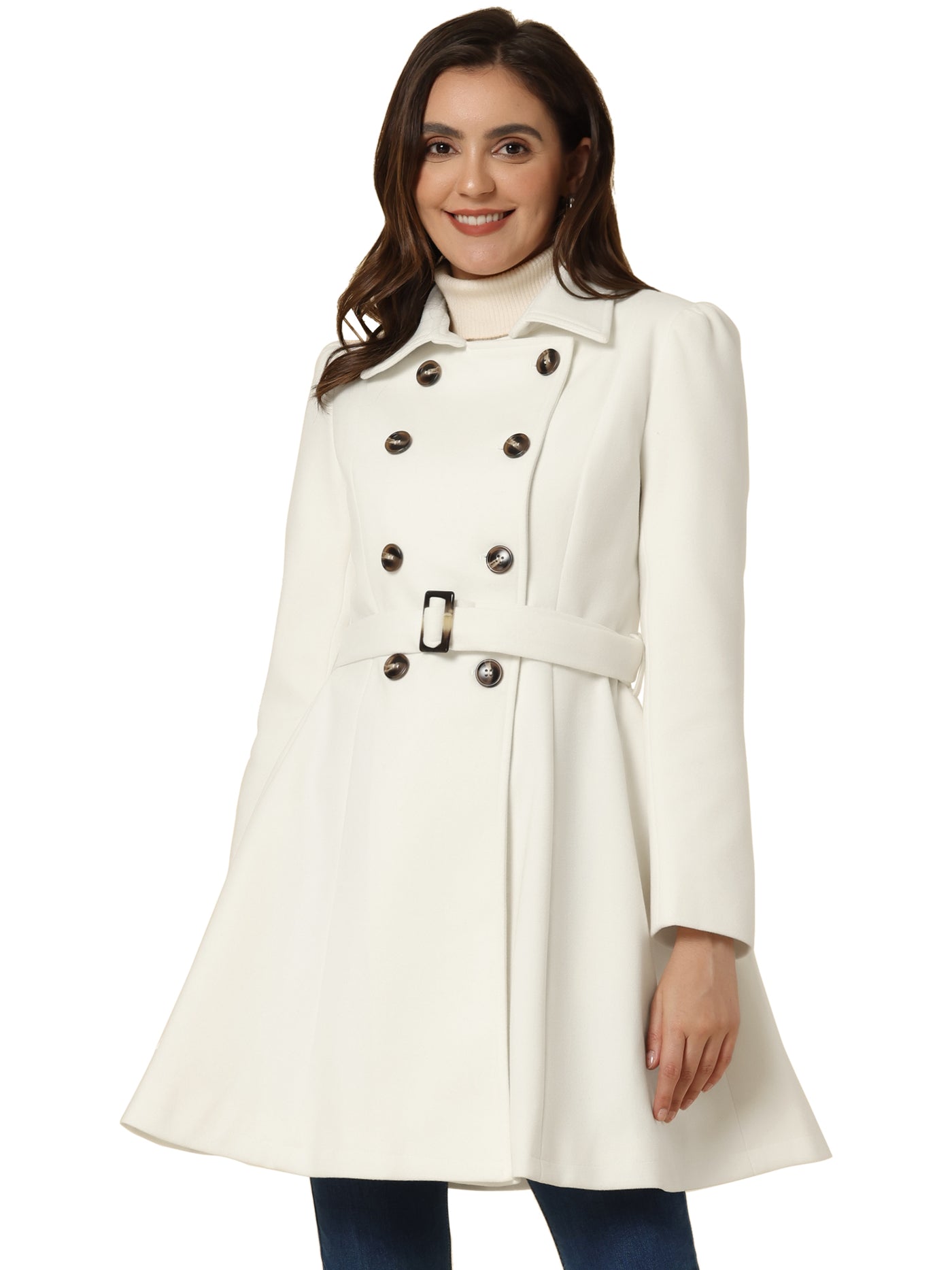 Allegra K Winter Overcoat Turn Down Collar Belted Double Breasted Long Coat