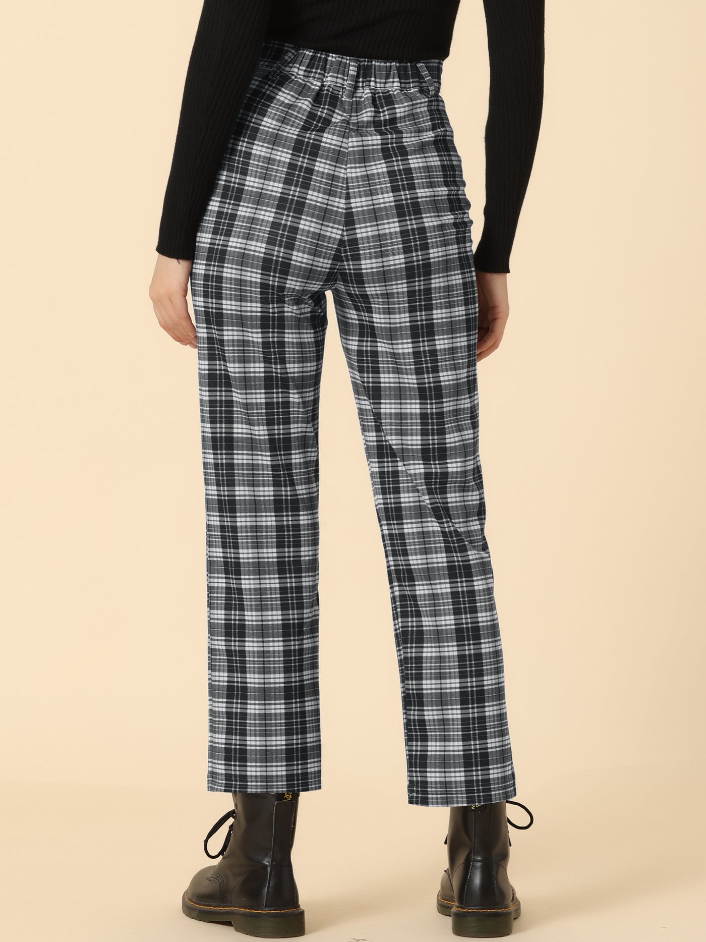 Allegra K Plaid Cropped Trousers Button Casual Tartan Check Work Pants